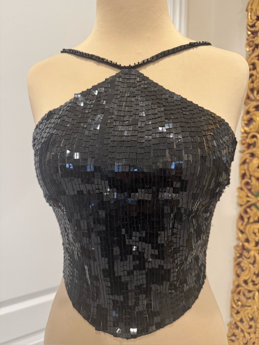Black hand beaded Sequin Cami Top Stretch mesh fabric.  Attitudes by Debra
SM